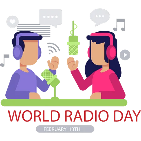 A Boy And A Girl Are Doing A World Radio Day Podcast Illustration