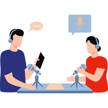 A Boy And A Girl Are Doing A Podcast Show Illustration