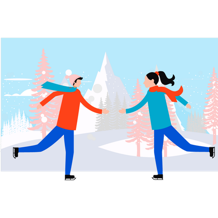 Boy and girl are ice skating  Illustration