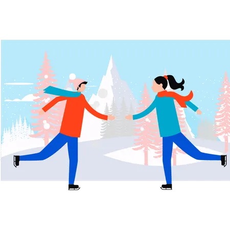 Boy And Girl Are Ice Skating Illustration