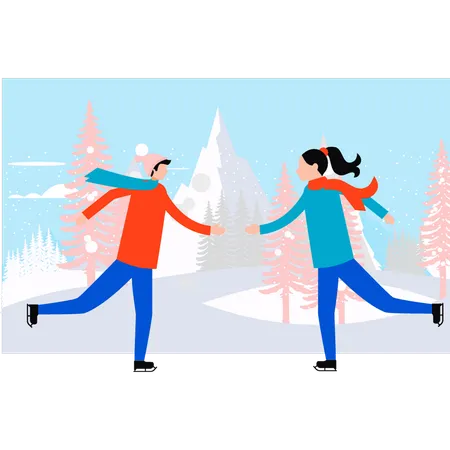 Boy and girl are ice skating  Illustration