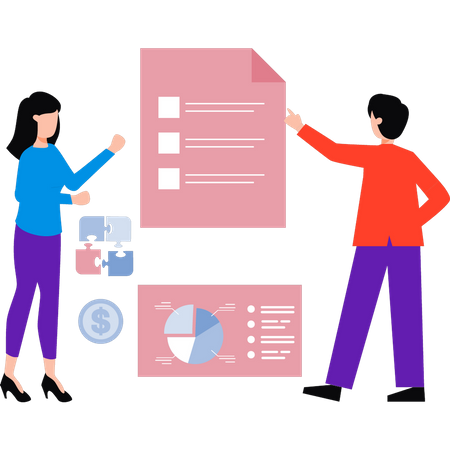 Boy and girl are looking at the business list  Illustration