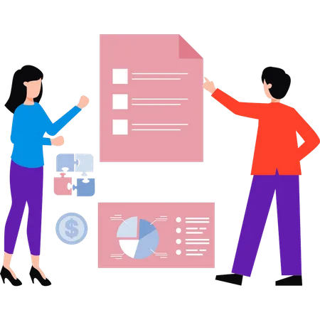 Boy and girl are looking at the business list  Illustration