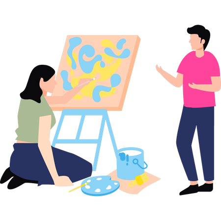 Boy and girl are painting on a painting board  イラスト