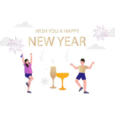 Boy and girl are partying on new year Illustration