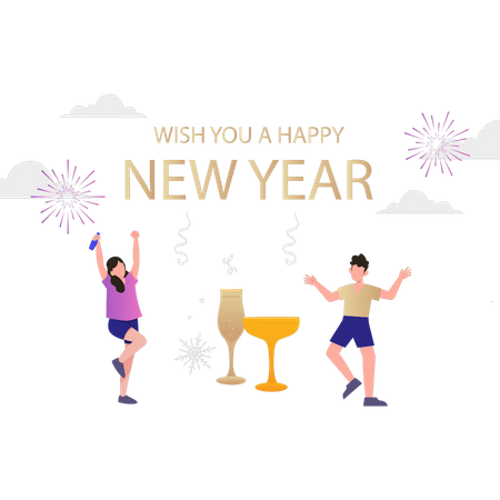 Boy and girl are partying on new year  Illustration