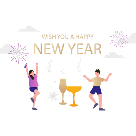 Boy and girl are partying on new year  Illustration