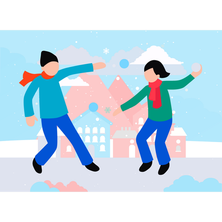 Boy and girl are playing with snow  Illustration