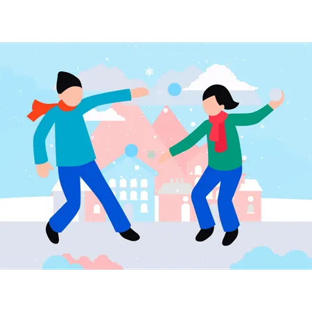 Boy And Girl Are Playing With Snow Illustration