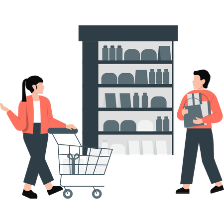 Boy and girl are pointing grocery items  Illustration