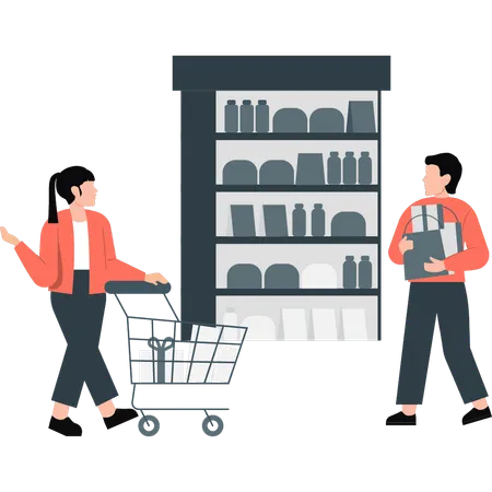 Boy and girl are pointing grocery items  Illustration