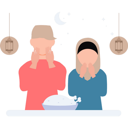 Boy and girl are praying before eating  Illustration