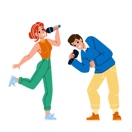 Boy And Girl Teenagers Singing In Karaoke Vector Teens Singing Song In Microphone Together Enjoying On Party Characters Funny Leisure Time And Relaxation Flat Cartoon Illustration Illustration