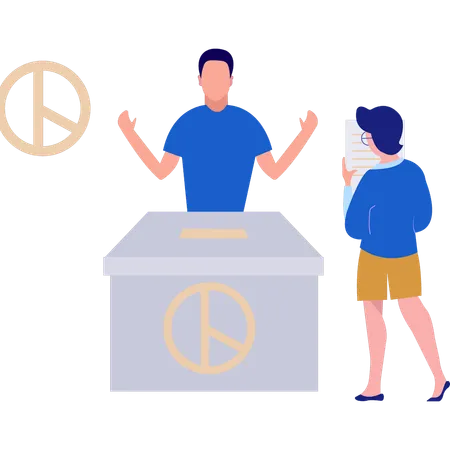 A Boy And A Girl Are Standing Near The Voting Box Illustration