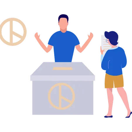 Boy and girl are standing near the voting box  Illustration