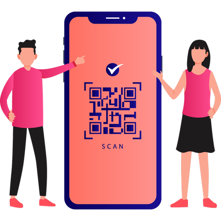 Boy and girl are talking about barcode scan  イラスト