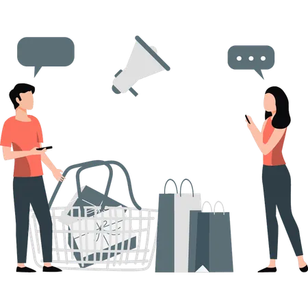 Boy and girl are talking about marketing for shopping  Illustration