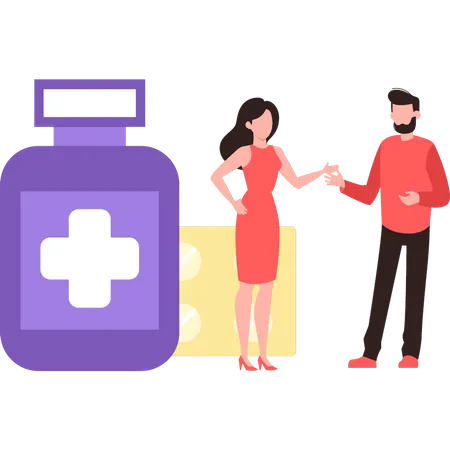 Boy and girl are talking about medicine  Illustration