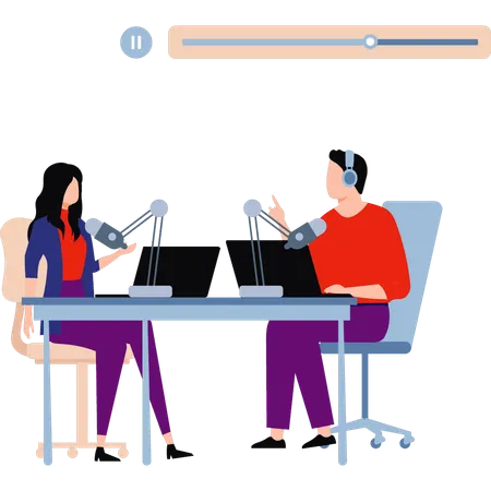 Boy and girl are talking in a podcast  Illustration