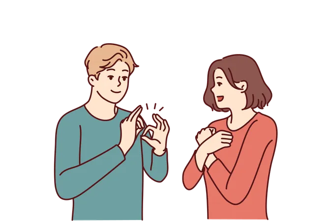 Deaf Mute Man And Woman Are Talking Using Sign Language And Demonstrating Symbols With Hands Guy Teaches Girl Sign Language For Concept Of Inclusiveness And Socialization Of People With Disabilities Illustration