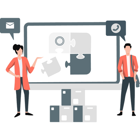 Boy and girl are talking to solve a management product problem  Illustration