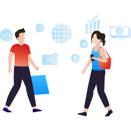 Boy and girl are walking with customer reward  Illustration
