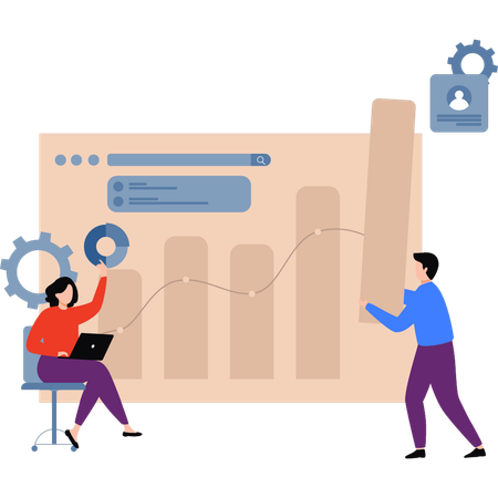 Boy and girl are working on a bar graph of business  Illustration