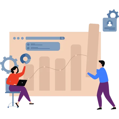 Boy and girl are working on a bar graph of business  Illustration