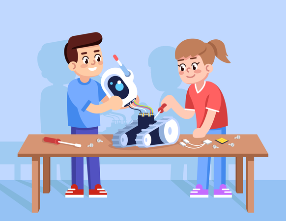 Boy and girl assemble robot  Illustration