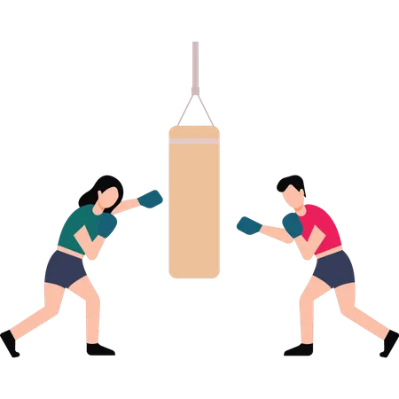 Boy and girl boxing on a punching bag Illustration
