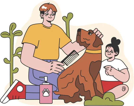 Boy and Girl caring pet  Illustration