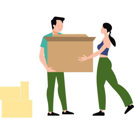 Boy and girl carrying box of goods Illustration
