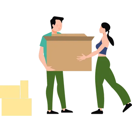 Boy and girl carrying box of goods Illustration