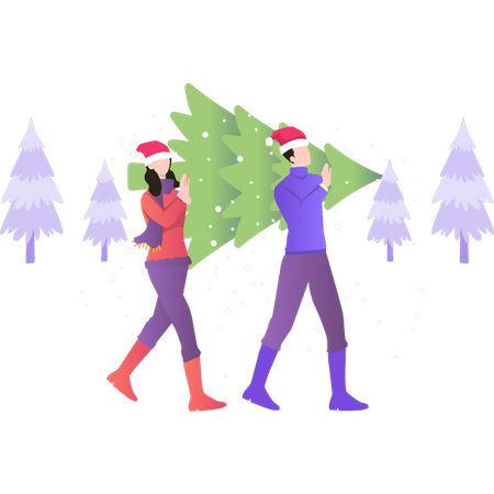 Boy and girl carrying Christmas tree  Illustration