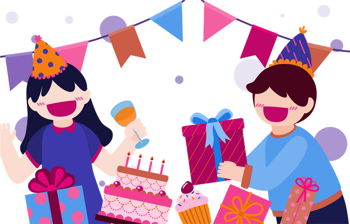 Boy and girl celebrating birthday  Illustration