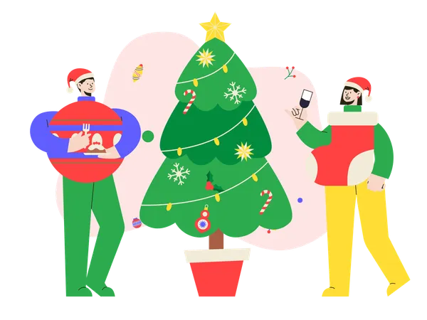 Boy and girl celebrating Christmas eve wearing Costumes  イラスト