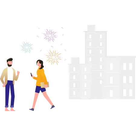 Boy and girl celebrating new year with crackers Illustration
