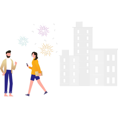 Boy and girl celebrating new year with crackers  Illustration