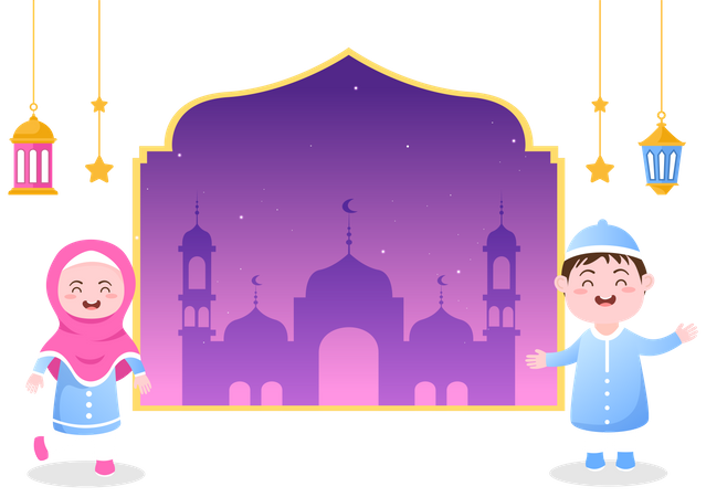 Boy and girl celebrating Ramadan  Illustration