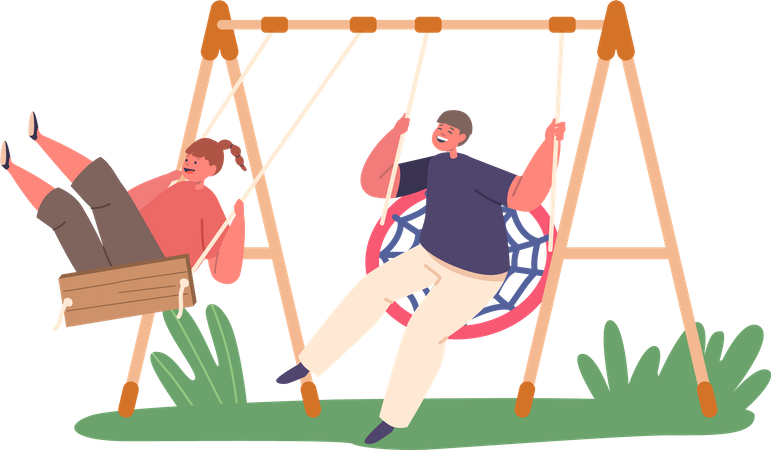 Boy And Girl Characters Joyfully Swinging On Swings  Illustration