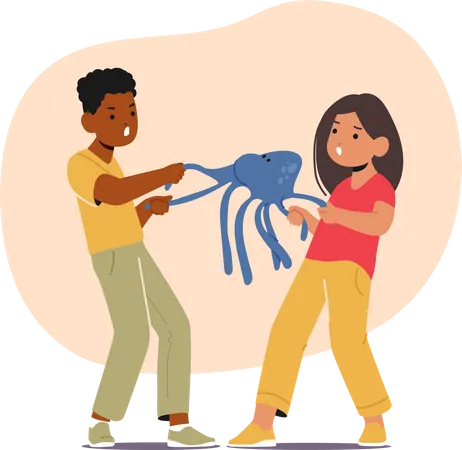 Boy And Girl Characters Tug Toy Unable To Share Frustration Evident Both Holding Tight Unwilling To Compromise On Ownership Bad Kids Behavior Concept Cartoon People Vector Illustration Illustration