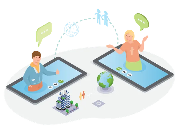 People Communicate With Family Online Using Electronics Virtual Meeting Or Video Communication Set Of Illustrations About Chatting With Relatives By Online Videoconferencing Using Green Technology Illustration
