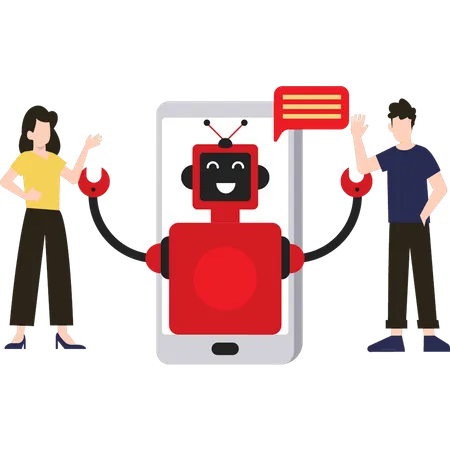 Boy and girl chatting with robot on mobile  Illustration