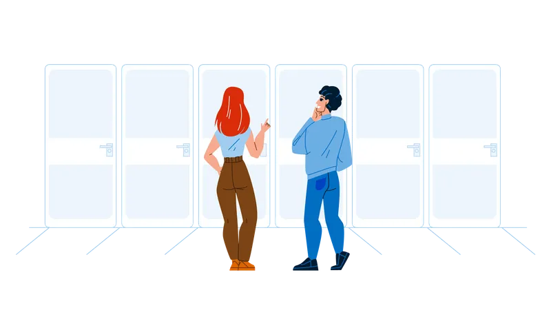 Door Decision Young Man And Woman Couple Vector Boy And Girl Choosing Door Togetherness Characters Think And Choose Direction Or Problem Solution Together Flat Cartoon Illustration Illustration