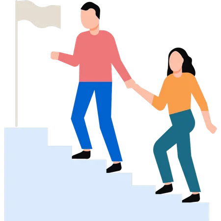 Boy and girl climbing the ladder of success  Illustration