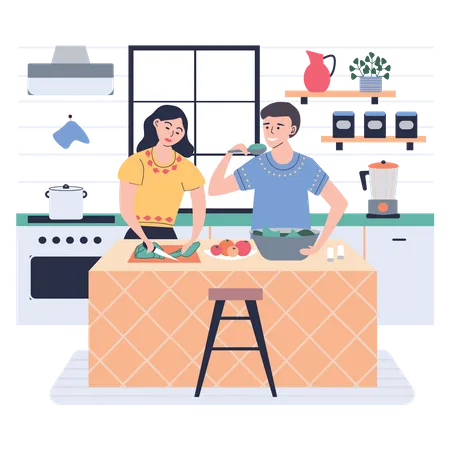 Boy and girl cooking together Illustration