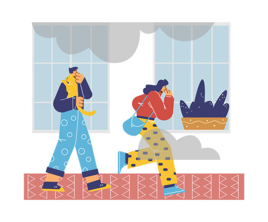 Boy and girl cover noses with hands and leave smoky room  Illustration