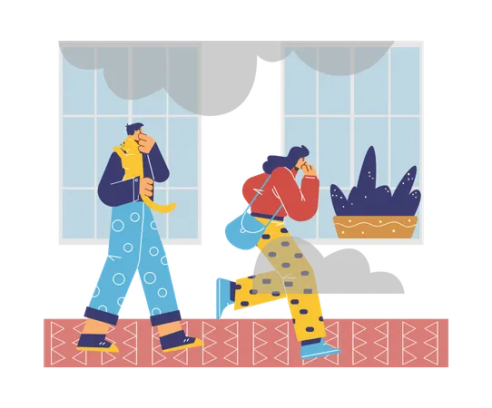 Boy and girl cover noses with hands and leave smoky room  Illustration