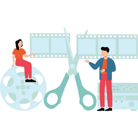 Boy and girl cutting film reel  Illustration