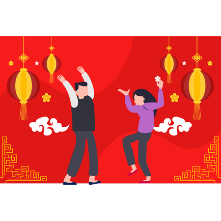 Boy and girl dancing in chinese new year Illustration